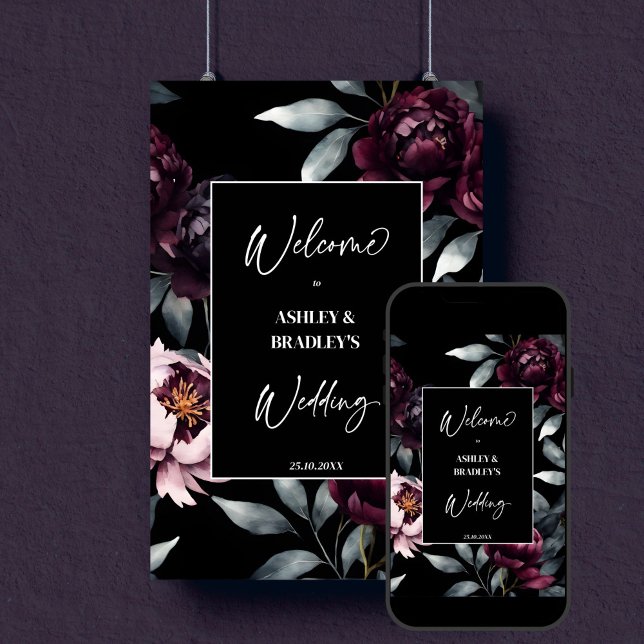 Dunkle moody burgundy Blume Begrüßungszeichen Poster (Dark moody burgundy peony flowers editable template welcome sign digital download black noir wedding)