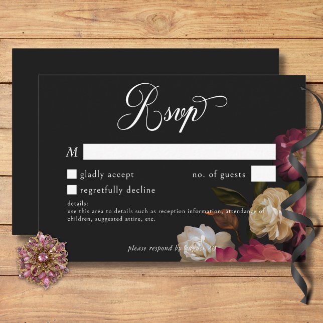 Dunkle Moody Burgundy & Cream Peonies Schwarze Det RSVP Karte (Dark Moody Burgundy & Cream Peonies Black Details RSVP Card)