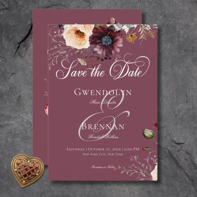 Dunkle Moody Burgundy Oval Floral Frame Wedding Ge Save The Date (Dark Moody Burgundy Oval Floral Frame Wedding Save the Date Card)