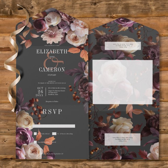 Dunkle Moody Fall Burgundy & Cream Peonys Kein Abe All In One Einladung (Dark Moody Fall Burgundy & Cream Peonies All In One Wedding Invitation without Dinner Options)