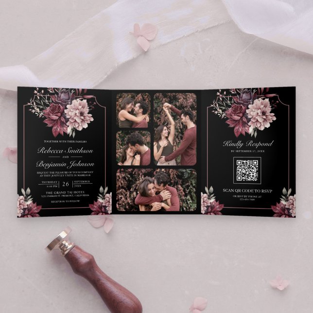 Dunkle Moody Floral Frame Black QR Code Hochzeit Dreifach Gefaltete Einladung (Von Creator hochgeladen)