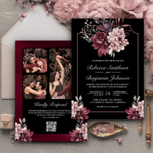 Dunkle Moody Floral Frame Black QR Code Hochzeit Einladung