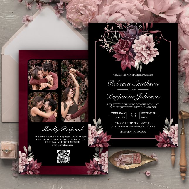 Dunkle Moody Floral Frame Black QR Code Hochzeit Einladung (Von Creator hochgeladen)