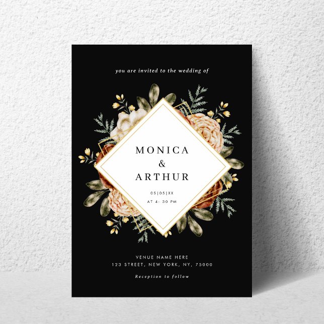 Dunkle Moody Floral & Gold Frame QR Code Hochzeit Einladung (Von Creator hochgeladen)