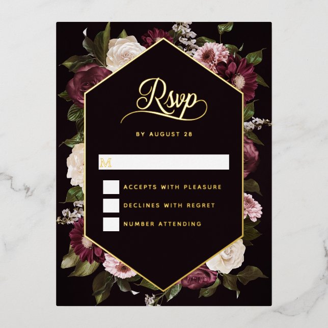 Dunkle Moody Floral Wedding RSVP Card Gold Foil Folie Einladungspostkarte (Vorderseite)
