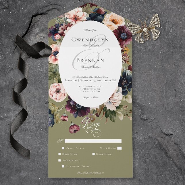Dunkle Moody Green Oval Floral Frame Dinner All In One Einladung (Dark Moody Green Oval Floral Frame Dinner All In One Invitation)