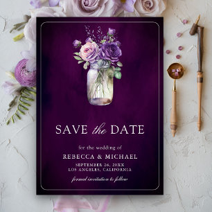 Dunkle Moody Lila Blumen-Mason-Glas-Hochzeit Save The Date