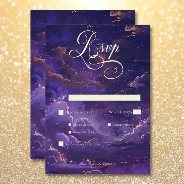 Dunkle Moody Lila & Gold Moonlit Wolken Abendessen RSVP Karte (Dark Moody Purple & Gold Moonlit Clouds Dinner RSVP Card)