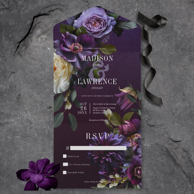 Dunkle Moody Lila & Weiß Blumen Kein Abendessen All In One Einladung (Dark Moody Purple & White Floral All In One Wedding Invitation without Dinner Options)