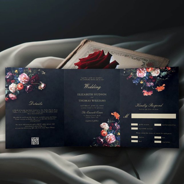 Dunkle Moody Märchenromantik - alles in einer Hoch Dreifach Gefaltete Einladung (dark romantic wedding invitation fairytale romance trifold seal send all in one moody black gothic)