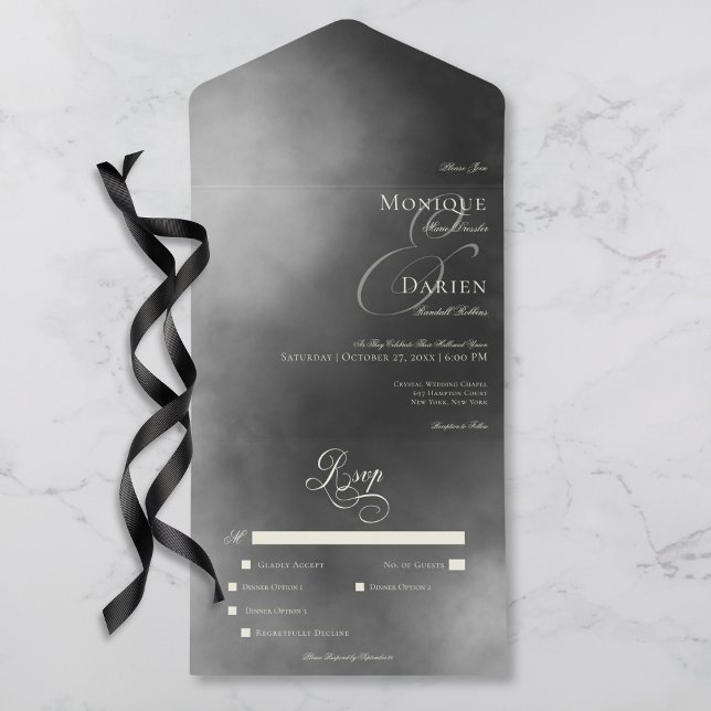 Dunkle Moody Midnight Black Fog Dinner Hochzeit All In One Einladung (Dark Moody Midnight Black Fog Dinner Wedding All In One Invitation)