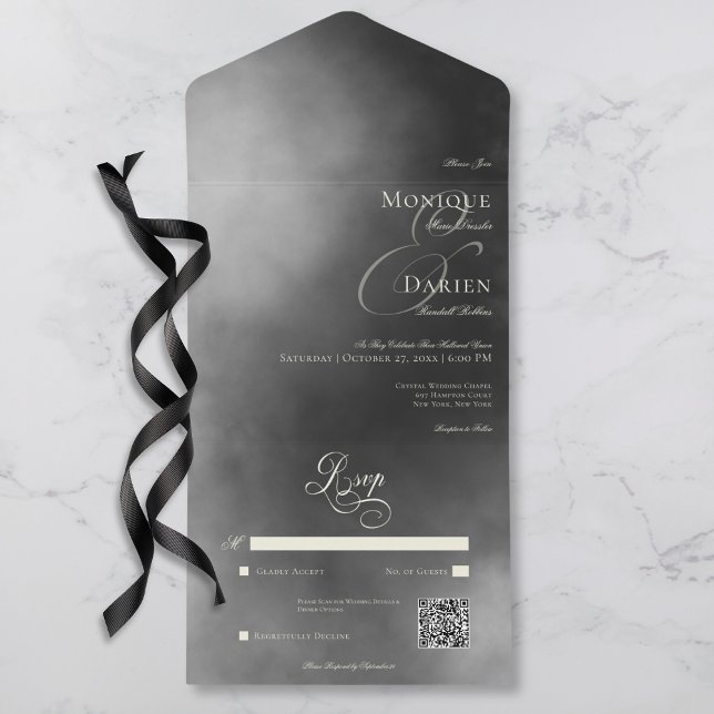 Dunkle Moody Midnight Black Fog QR Code Wedding All In One Einladung (Dark Moody Midnight Black Fog QR Code Wedding All In One Invitation)