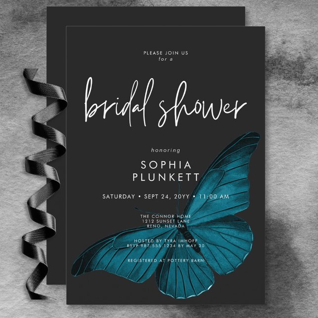 Dunkle Moody Minimal Aquamarin Moth Brautparty Einladung (Dark Moody Minimal Teal Moth Bridal Shower Invitation)