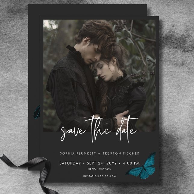 Dunkle Moody Minimal Aquamarin Moth Foto Hochzeit Save The Date (Dark Moody Minimal Teal Moth Photo Wedding Save The Date)