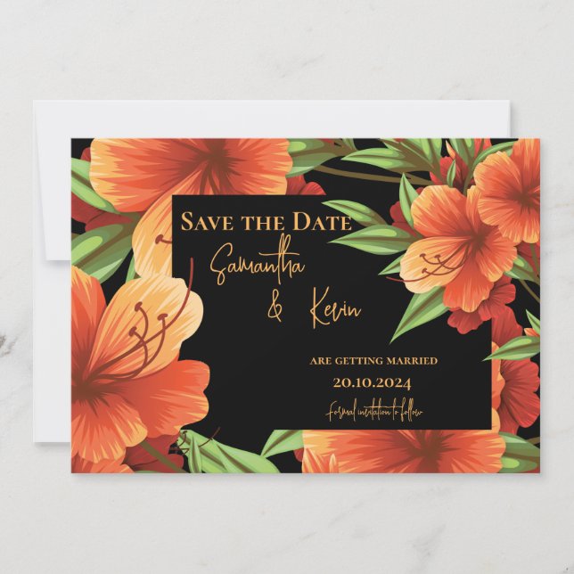 Dunkle Moody Orange Blumenhochzeit rettet das Datu Save The Date (Vorderseite)