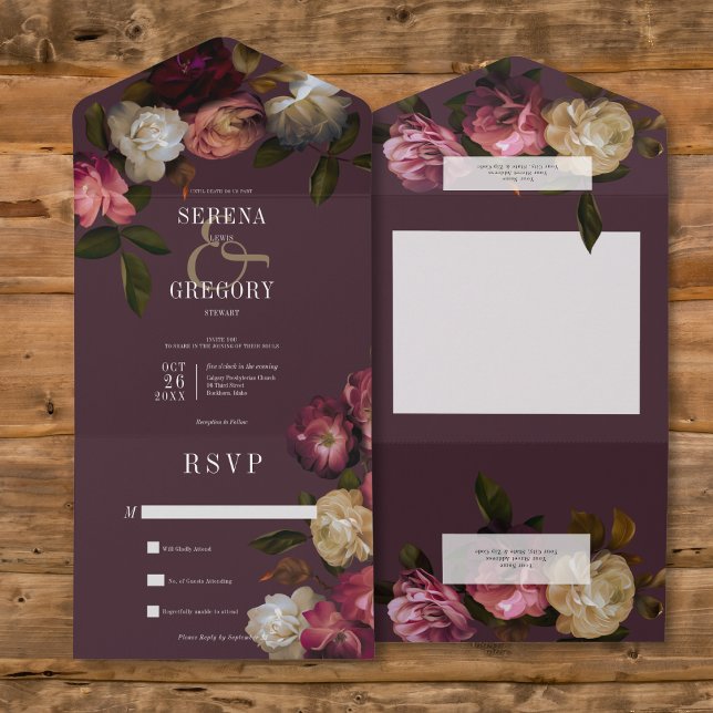 Dunkle Moody Pink Burgundy & Cream Peonies Kein Ab All In One Einladung (Dark Moody Pink Burgundy & Cream Peonies All In One Wedding Invitation without Dinner Options)
