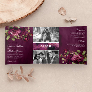 Dunkle Moody Plum Rose FotoCollage Lila Hochzeit Dreifach Gefaltete Einladung
