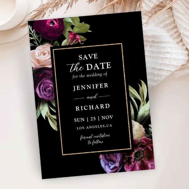 Dunkle Moody Purple Blumen Schwarz Save the Date Einladung (Von Creator hochgeladen)