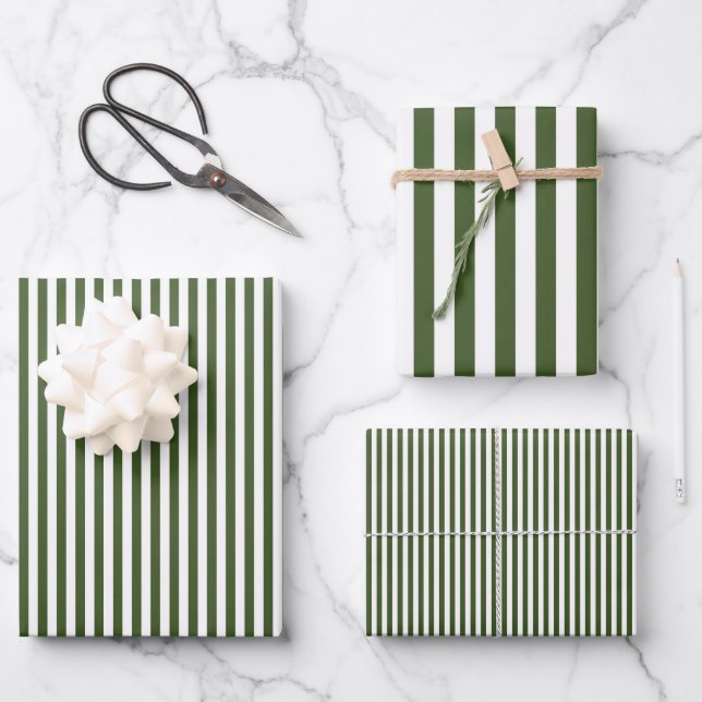 Dunkle Moos, grün und weiß Streifen Geschenkpapier Set (Vorderseite)