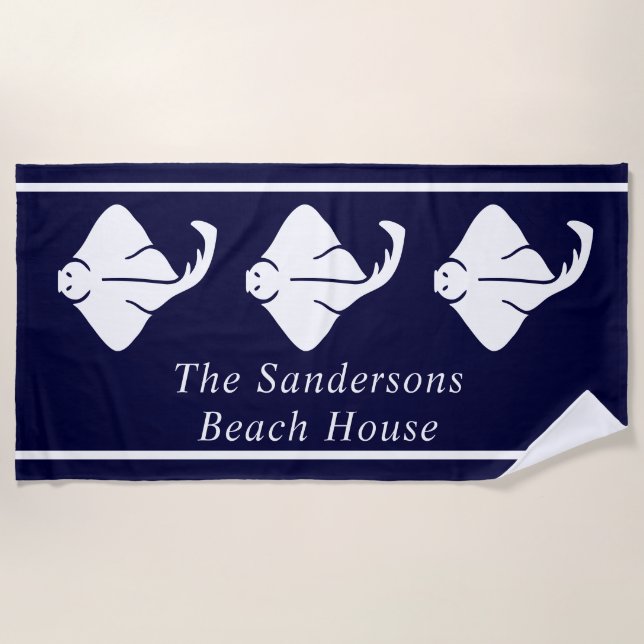 Dunkle Navy Blue Coastal Nautical Stingray Manta R Strandtuch (Vorderseite)