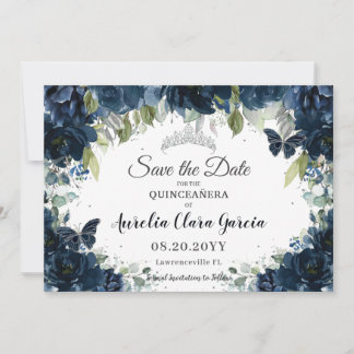 Dunkle Navy Blue Floral XV Quinceañera Save the Da Date