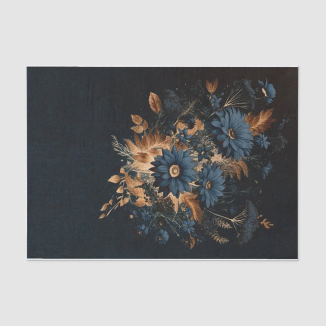 Dunkle Navy Blue Gold Rustic Floral Glam Hochzeit Seidenpapier (Vorderseite)