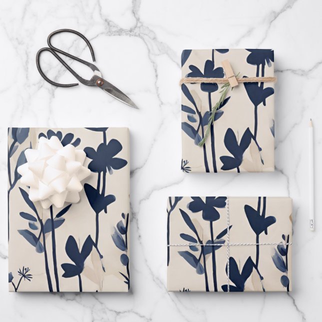 Dunkle Navy Blue Modern Groovy Daisy Blume Geschenkpapier Set (Vorderseite)