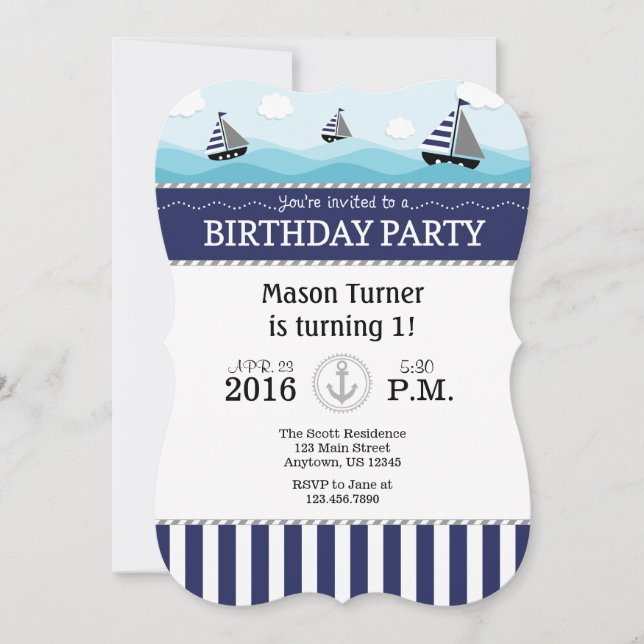 Dunkle Navy Blue Nautical Birthday Einladung (Vorderseite)