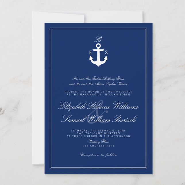 Dunkle Navy Blue Nautical Monogram Wedite Einladun Einladung (Vorderseite)