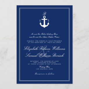 Dunkle Navy Blue Nautical Monogram Wedite Einladun Einladung