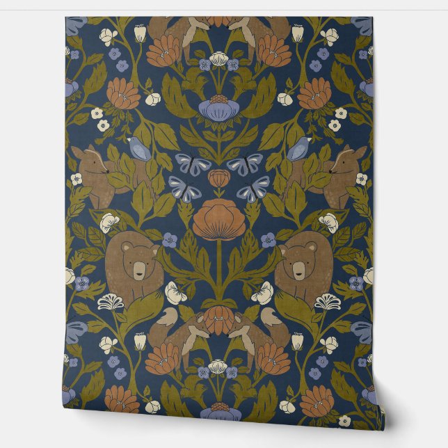 Dunkle Navy Blue Woodland Block Print Damask Tapete (Abrollen)
