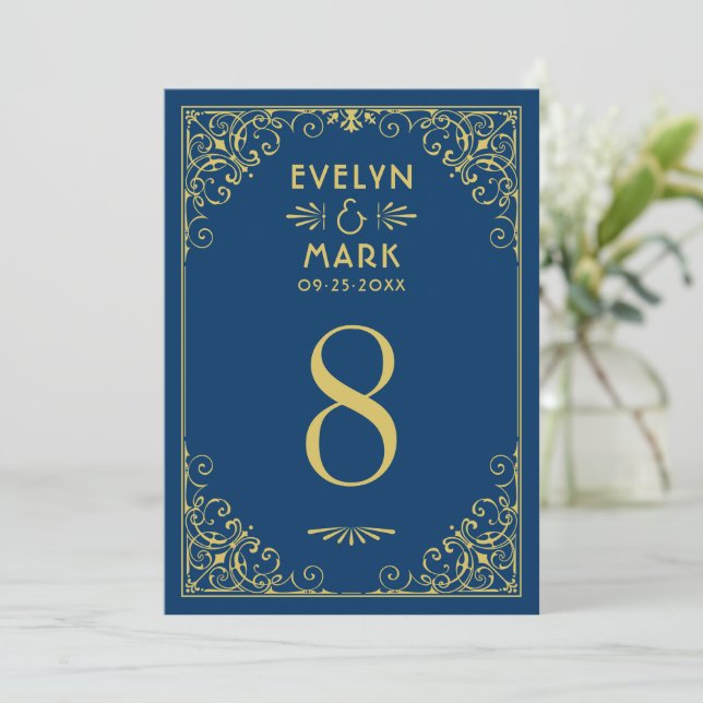 Dunkle Navy Gold Art Deco Hochzeit Tischnummer (Stehend Vorderseite)