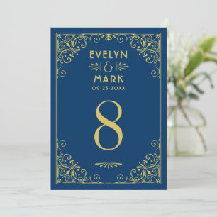 Dunkle Navy-Gold Art Deco Hochzeitstisch-Nummer Einladung