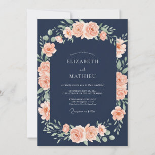 Dunkle Navy-Pfirsich-Botanische Hochzeit Einladung