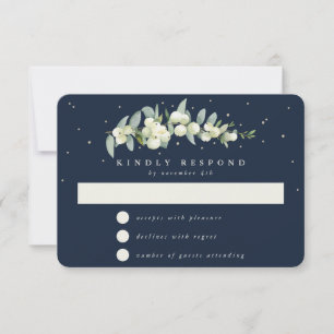 Dunkle Navy Snowberry+Eucalyptus Garland Wedding RSVP Karte