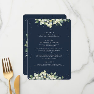 Dunkle Navy Snowberry+Eukalyptus 3 Kurs Hochzeit Menükarte