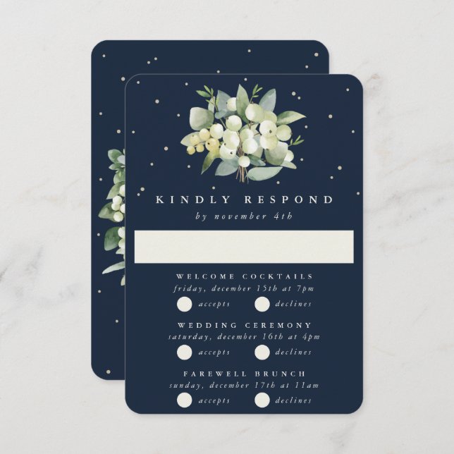Dunkle Navy Snowberry+Eukalyptus Wedding Multi-Eve RSVP Karte (Vorne/Hinten)