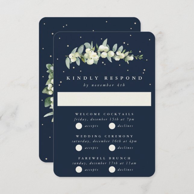 Dunkle Navy Snowberry+Eukalyptus Wedding Multi-Eve RSVP Karte (Vorne/Hinten)