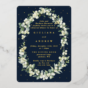 Dunkle Navy Snowberry+Eukalyptus Wedding Probe Folieneinladung