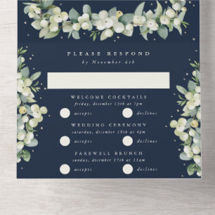 Dunkle Navy Snowberry+Eukalyptus Winter Wedding All In One Einladung