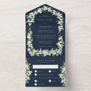 Dunkle Navy Snowberry+Eukalyptus Winter Wedding All In One Einladung