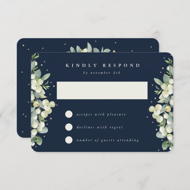 Dunkle Navy Snowberry+Eukalyptus Winter Wedding RSVP Karte (Vorne/Hinten)