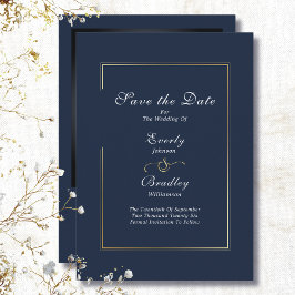Dunkle Navy White Script Gold Border Save the Date Einladung