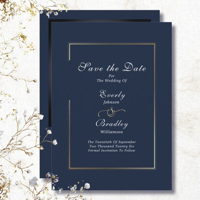 Dunkle Navy White Script Gold Border Save the Date Einladung (Von Creator hochgeladen)
