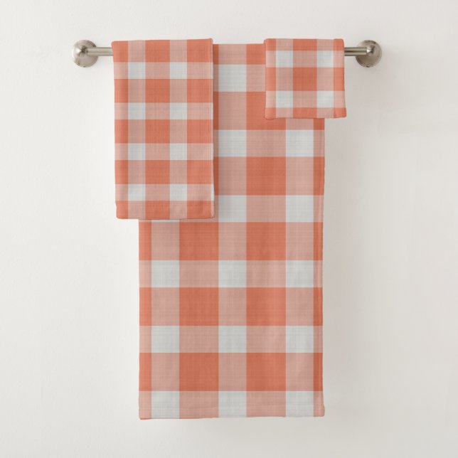 Dunkle Pfirsich karierte Gingham-Karo  Badhandtuch Set (Insitu)