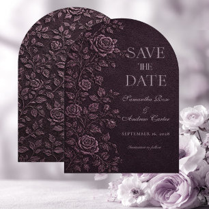 Dunkle Pflaumen-Faux-Prägung-Rosen-Hochzeit-Save-T Einladung