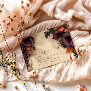 Dunkle Pflaumen-Herbst-Hochzeit Blumen RSVP Karte