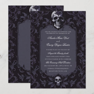 Dunkle Purpur-Gotische-Boho-Floral-Totenkopf-Hochz Einladung
