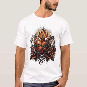 Dunkle religiöse Herz-Tattoo-Kunst mit Ketten und T-Shirt