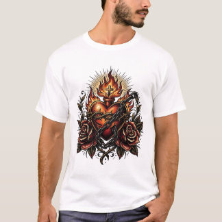 Dunkle religiöse Herz-Tattoo-Kunst mit Ketten und T-Shirt